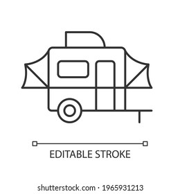Pop up camper linear icon. Campground for tourist. Recreational vehicle. Nomadic lifestyle. Thin line customizable illustration. Contour symbol. Vector isolated outline drawing. Editable stroke svg