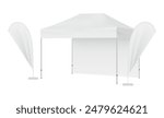 Pop Up Canopy Tent With Teardrop Flags, Blank Mockup, Isolated On White Background. Vector Illustration