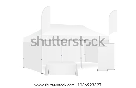 Pop up canopy tent with two flags, demonstration table and roll-up banners. Equipment for business or organization stands during the outdoor events. Vector illustration