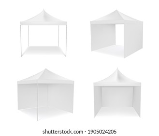 Pop Up Canopy Tent With And Without Walls Realistic Mockups Set. Commercial Shade Shelter Templates. Pole Marquee For Street Trading, Events, Festivals. Vector Pop Up Tent On White Background.