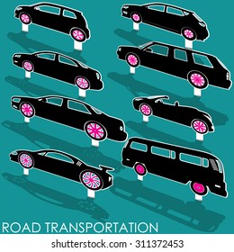 Pop up car icons is placed on its side and shadow. In the form of vector