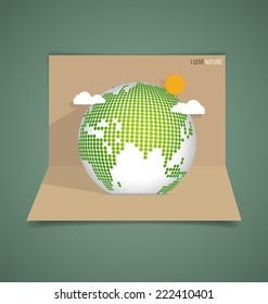 Pop Up Card With Green Eco Earth. Vector Illustration.