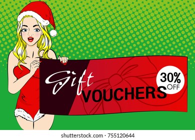 pop of cartoon woman with gift vouchers on the green background