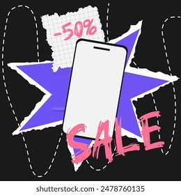 Pop collage halftone, phone, discount sale. Vector