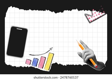 Pop collage halftone, text background, school, pencil and phone. Vector