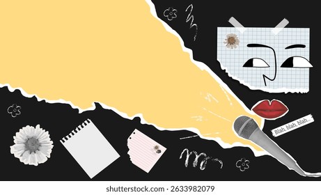 Pop Collage template in abstract illustration style with paper face, lips, microphone, flowers and space for text. Conceptual art symbolizing performance, speech and creative expression. Vector image.