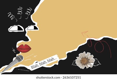 Pop Collage template in abstract illustration style with paper face, lips, microphone, flowers and space for text. Conceptual art symbolizing performance, speech and creative expression. Vector image.