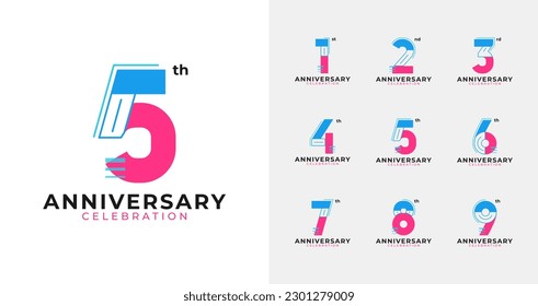 Pop color geometric anniversary logo collections. Birthday number for event, invitation card, or banner element. Celebration year symbol