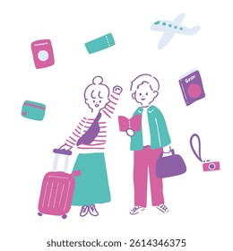 Pop color illustration of Japanese men and women traveling abroad