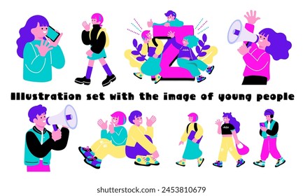 Pop color illustration set of young people