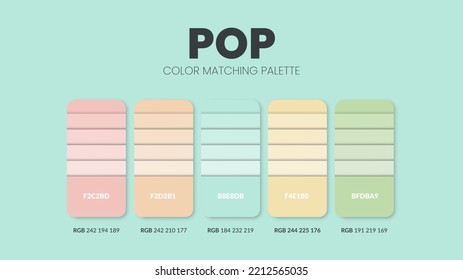 Farbschema für Pop. Farbtrends-Kombinationen und Farbpalettenführung. Beispiel für Tischfarbtönen in RGB und HEX. Farbuhr für Mode, Heimat, Inneneinrichtung, Design. Farbdiagrammidee. Illustrationsvektor.