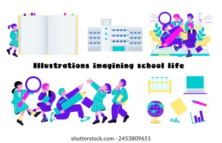 Pop color school life illustration set