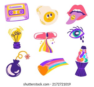 Pop Color Style Flat Design 90s Sticker. Cool trendy retro stickers with smile faces, cartoon comic label patches. Different emotions, text. Vector cartoon illustration isolate