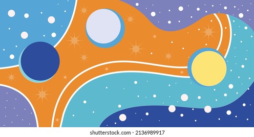 Pop colored orange dominated geometric background with stars and planet theme element. Vector illustration drawing isolated on horizontal ratio template.