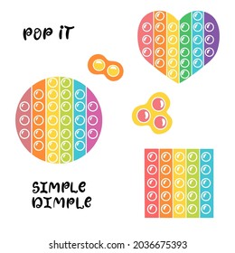 Pop it colorful anti stress popular children silicone toy. Heart shape sensory fidget push pop it. Pop bubble silicone toy. Simple dimple game, rainbow vector illustration. Set of elements.