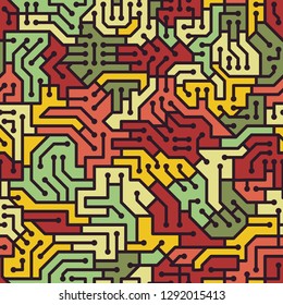 Pop and Colorful Circuit Board Puzzle Seamless Pattern, Electricity component. Vector Wallpaper Background