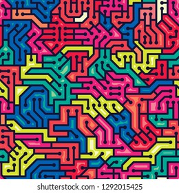 Pop and Colorful Circuit Board Puzzle Seamless Pattern, Electricity component. Vector Wallpaper Background