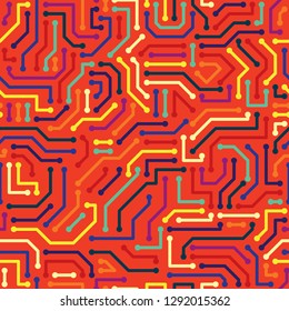 Pop and Colorful Circuit Board Seamless Pattern, Electricity component. Vector Wallpaper Background