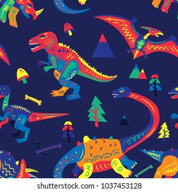 Pop and Colorful Cute Dinosaurs Vector Seamless Pattern. Background Wallpaper