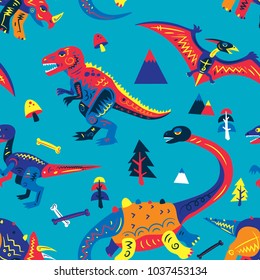 Pop and Colorful Cute Dinosaurs Vector Seamless Pattern. Background Wallpaper