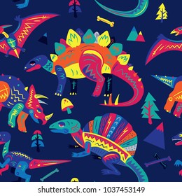 Pop and Colorful Cute Dinosaurs Vector Seamless Pattern. Background Wallpaper