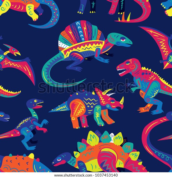 ポップでカラフルなかわいい恐竜のベクター画像シームレスパターン 背景の壁紙 のベクター画像素材 ロイヤリティフリー 1037453140