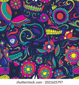 Pop and colorful Day of The Dead Dia de los muertos sugar skull with floral ornament and flower seamless pattern