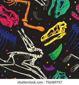 Pop and Colorful Dinosaurs Fossil Seamless Pattern. Vector Wallpaper