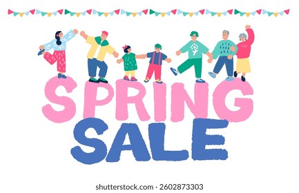 A pop and colorful hand-drawn illustration of people enjoying spring and the words "Spring Sale"
