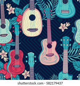 Pop Colorful Hawaiian Ukulele Seamless Pattern