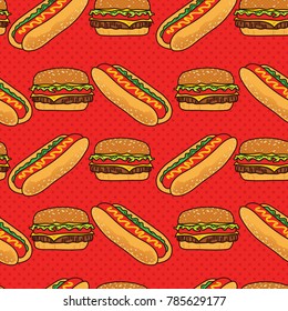 pop and colorful hotdogs and hamburgers seamless pattern. vector wallpaper background