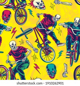 Pop and Colorful Skull riding BMX bicycle seamless pattern