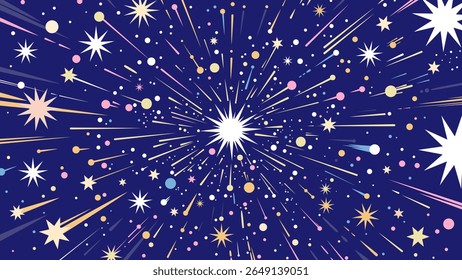 Ilustração de fundo vetor pop e colorido de fogos de artifício e estrelas