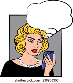Pop comic style woman with phone