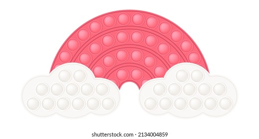 Pop it coral pink rainbow with cloud for a Valentines day as a fashionable silicon fidget toy. Addictive anti-stress cute toy in pastel colors. Bubble popit for kids. Vector illustration isolated on a