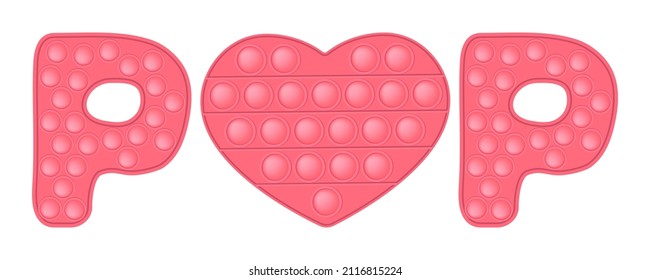 Pop it coral pink sign POP with a heart for a Valentines day as a fashionable silicon fidget toy. Addictive anti-stress cute toy in pastel colors. Vector illustration isolated on a white background.