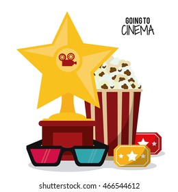 pop corn 3d glasses gold star movie film going to cinema icon. Colorful illustration. Vector graphic