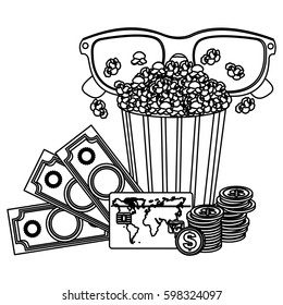 pop corn, 3d glasses and money, credit card icon, vector illustraction
