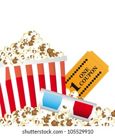 pop corn with 3d glasses and ticket. vector illustration