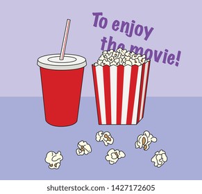pop corn and beverage. theater snack. hand drawn style vector design illustrations. 