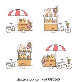 Pop corn bicycles set - different carts on wheels with sweet dessert. Flat line vector illustration of food and drink kiosk.