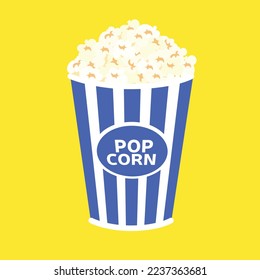 Pop corn in blue pack isolated on yellow background. Vector illustration. Popcorn in box.