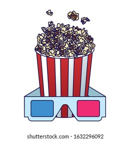 pop corn bowl with 3d glasses over white background, colorful design, vector illustration