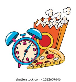 pop corn box with alarm clock and pizza slice over white background, vector illustration