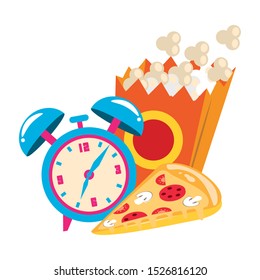 pop corn box with alarm clock and pizza slice over white background, vector illustration