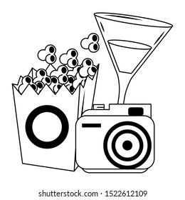 pop corn box with camera and cocktail drink over white background, vector illustration