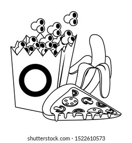 pop corn box with pizza slice and banana over white background, vector illustration