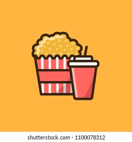 Pop corn box and soft drink icons for fast food business in flat colorful style