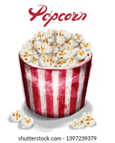 Pop corn box Vector watercolor. fresh cinema detailed template