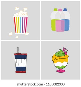 Pop corn bucket box and soda soft drink can and bottle isolated, vector illustration
